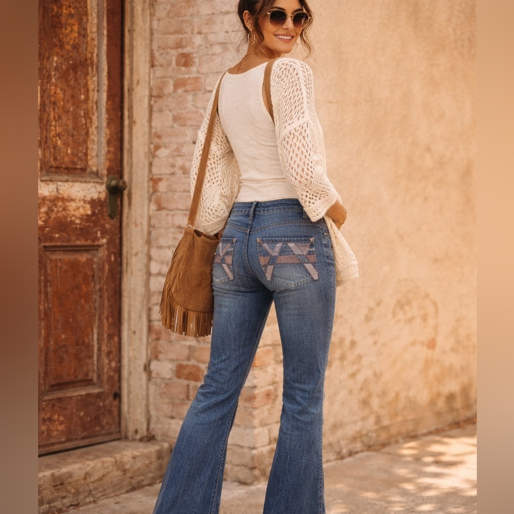 7 For All Mankind Organic Cotton Flare Jeans Boho Geometric Back Pocket Y2K sz30
